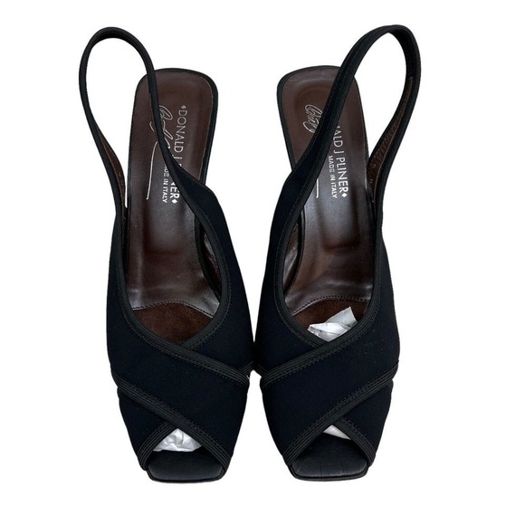 Donald J Pilner Tyna Sandal Wedge Textile Crossover Peep Toe Black Women Size 8M - Picture 5 of 9